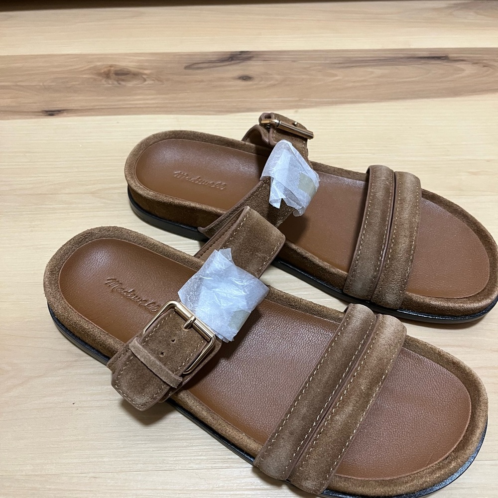 Madewell The Dara Double Strap Slide Sandal Aged Cognac Suede Leather Sz 7.5